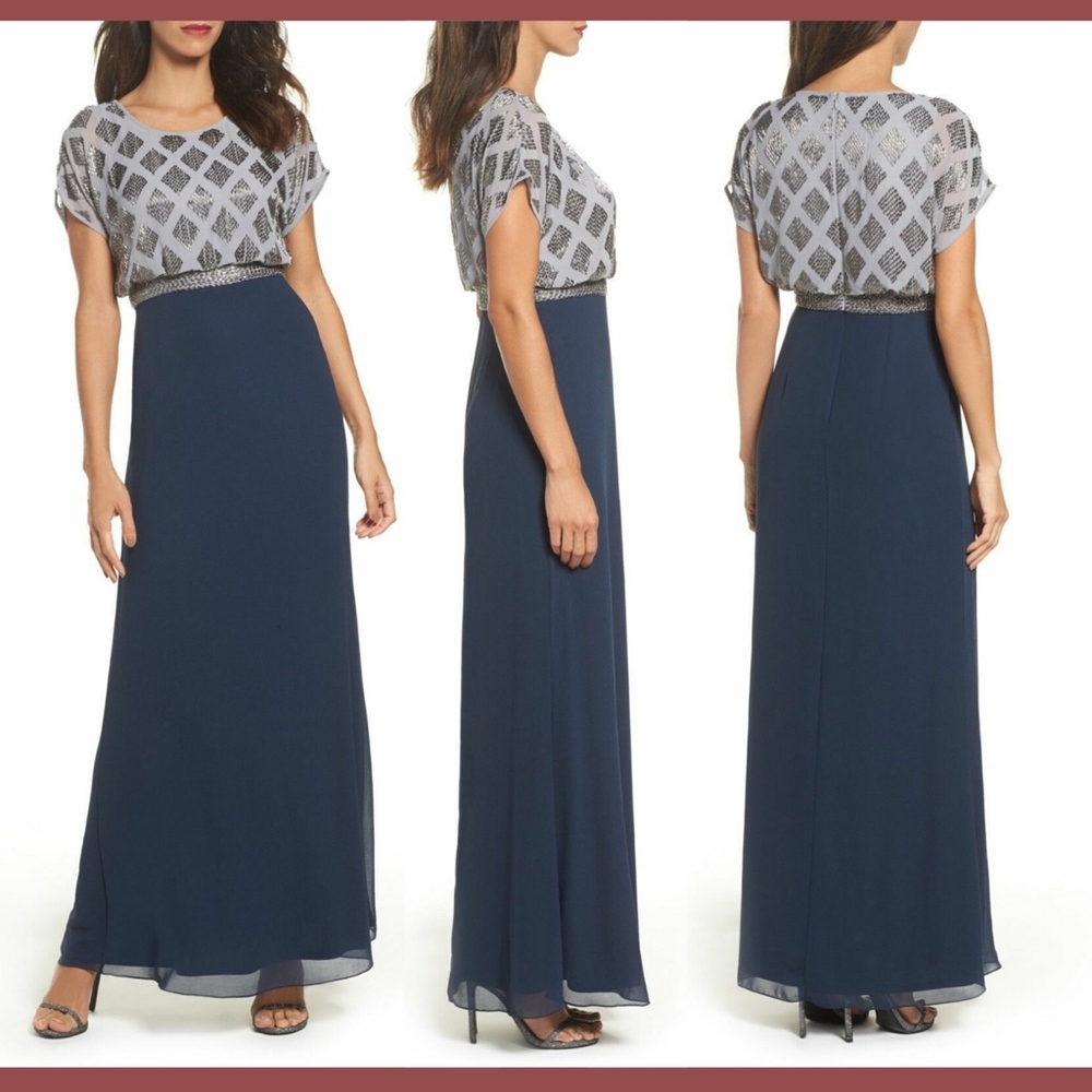 NWT Adrianna Papell Beaded Colorblock Blouson‎ Gown in Silver/Navy [SZ 8 ]